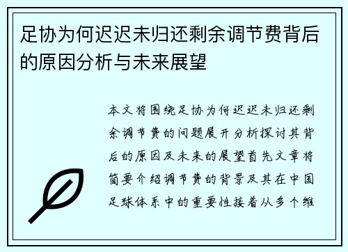 足协为何迟迟未归还剩余调节费背后的原因分析与未来展望